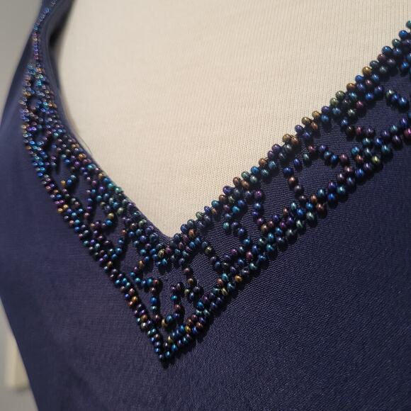 VTG Oleg Cassini Black Tie Beaded Gown Size 4 Navy Sleeveless Evening Formal 90s - Picture 4 of 15